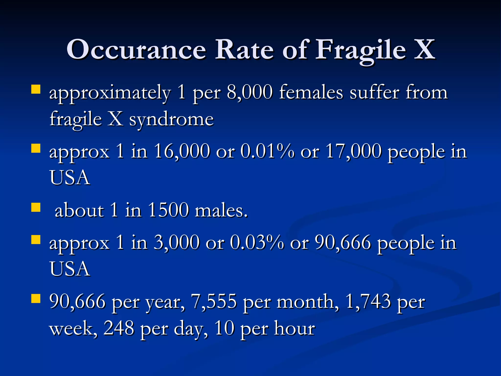 approximately 1 per 8,000 females suffer from fragile X syndrome approx 1 in 16,000 or 0.01% or 17,000 people in USA  about 1 in 1500 males.  approx 1 in 3,000 or 0.03% or 90,666 people in USA  90,666 per year, 7,555 per month, 1,743 per week, 248 per day, 10 per hour Occurance Rate of Fragile X 