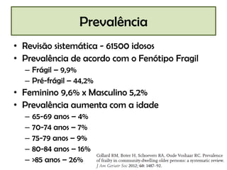 Prevalência
• Revisão sistemática - 61500 idosos
• Prevalência de acordo com o Fenótipo Fragil
– Frágil – 9,9%
– Pré-frágil – 44,2%

• Feminino 9,6% x Masculino 5,2%
• Prevalência aumenta com a idade
–
–
–
–
–

65-69 anos – 4%
70-74 anos – 7%
75-79 anos – 9%
80-84 anos – 16%
>85 anos – 26%

 