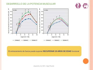DESARROLLO DE LA POTENCIA MUSCULAR
El entrenamiento de fuerza puede suponer RECUPERAR 20 AÑOS DE EDAD funcional
(Izquierdo et al 2001 J Appl Physiol)
 