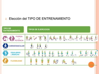 2. Elección del TIPO DE ENTRENAMIENTO
TIPO DE
ENTRENAMIENTO
TIPOS DE EJERCICIOS
CARDIOVASCULAR
EQUILIBRIO
y MARCHA
FLEXIBILIDAD
FUERZA
y
POTENCIA
 