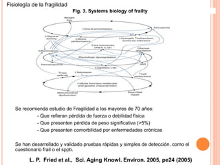 L. P. Fried et al., Sci. Aging Knowl. Environ. 2005, pe24 (2005)
Fig. 3. Systems biology of frailty
Fisiología de la fragilidad
Se recomienda estudio de Fragilidad a los mayores de 70 años:
- Que refieran pérdida de fuerza o debilidad física
- Que presenten pérdida de peso significativa (>5%)
- Que presenten comorbilidad por enfermedades crónicas
Se han desarrollado y validado pruebas rápidas y simples de detección, como el
cuestionario frail o el sppb.
 