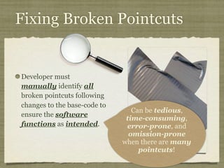 Fixing Broken Pointcuts
Developer must
manually identify all
broken pointcuts following
changes to the base-code to
ensure the software
functions as intended.
Can be tedious,
time-consuming,
error-prone, and
omission-prone
when there are many
pointcuts! 
 