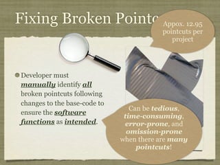 Fixing Broken Pointcuts
Developer must
manually identify all
broken pointcuts following
changes to the base-code to
ensure the software
functions as intended.
Can be tedious,
time-consuming,
error-prone, and
omission-prone
when there are many
pointcuts! 
Appox. 12.95
pointcuts per
project
 