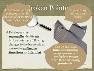 Fixing Broken Pointcuts
Developer must
manually identify all
broken pointcuts following
changes to the base-code to
ensure the software
functions as intended.
Can be tedious,
time-consuming,
error-prone, and
omission-prone
when there are many
pointcuts! 
Appox. 12.95
pointcuts per
project
On average, ≈12.95
pointcuts must be
checked after every Δ
base-code change!
 