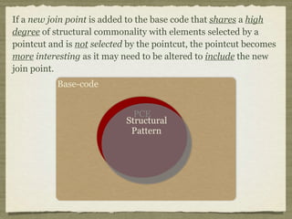 If a new join point is added to the base code that shares a high
degree of structural commonality with elements selected by a
pointcut and is not selected by the pointcut, the pointcut becomes
more interesting as it may need to be altered to include the new
join point.
Base-code
PCE
Structural
Pattern
 
