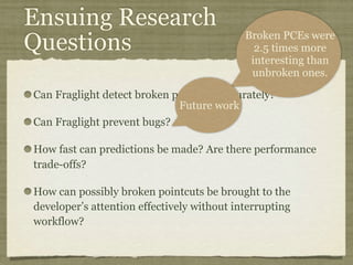 Ensuing Research
Questions
Can Fraglight detect broken pointcuts accurately?
Can Fraglight prevent bugs?
How fast can predictions be made? Are there performance
trade-offs?
How can possibly broken pointcuts be brought to the
developer’s attention effectively without interrupting
workflow?
Broken PCEs were
2.5 times more
interesting than
unbroken ones.
Future work
 