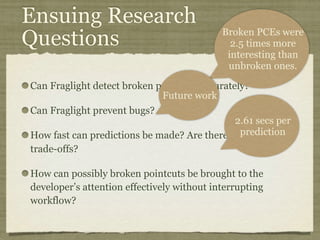 Ensuing Research
Questions
Can Fraglight detect broken pointcuts accurately?
Can Fraglight prevent bugs?
How fast can predictions be made? Are there performance
trade-offs?
How can possibly broken pointcuts be brought to the
developer’s attention effectively without interrupting
workflow?
Broken PCEs were
2.5 times more
interesting than
unbroken ones.
Future work
2.61 secs per
prediction
 