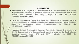 REFERENCES
 Abdulmalek, A. B., Sufyan, M. A., Abdulrahman, K. A., and Mohammed, A. K. (2020).
Fragment-based discovery of potential anticancer lead: computational and in vitro
studies. Curr. Comput. Aid. Drug Design 16, 1–9. doi: 10.2174/
1573409916666200620195025
 Akter, M., Drinkwater, N., Devine, S. M., Drew, S. C., Krishnarjuna, B., Debono, C. O., et al.
(2019). Identification of the binding site of apical membrane antigen 1 (AMA1) inhibitors
using a paramagnetic probe. ChemMedChem 14, 603–612. doi:
10.1002/cmdc.201800802
 Alvarado, C., Stahl, E., Koessel, K., Rivera, A., Cherry, B. R., Pulavarti, S. V. S. R. K., et al.
(2019). Development of a fragment-based screening assay for the focal adhesion
targeting domain using SPR and NMR. Molecules 24, 3352. doi:
10.3390/molecules24183352
 