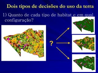 Dois tipos de decisões do uso da terra 
1) Quanto de cada tipo de habitat e em qual configuração? 
?  