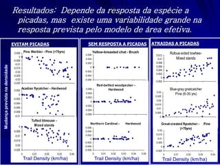 0km/ha 
EVITAM PICADAS 
Pine Warbler - Pine (>70yrs) 
-0.035 
-0.03 
-0.025 
-0.02 
-0.015 
-0.01 
-0.005 
0 
0.005 
Acadian flycatcher - Hardwood 
-0.01 
-0.008 
-0.006 
-0.004 
-0.002 
0 
0.002 
Tufted titmouse - 
Mixed stands 
-0.025 
-0.02 
-0.015 
-0.01 
-0.005 
0 
0 0.01 0.02 0.03 0.04 
Trail Density (km/ha) 
Mudança prevista na densidade 
SEM RESPOSTA A PICADAS 
Yellow-breasted chat - Brush 
-0.006 
-0.004 
-0.002 
0 
0.002 
0.004 
0.006 
Red-bellied woodpecker - 
Hardwood 
-0.006 
-0.004 
-0.002 
0 
0.002 
0.004 
0.006 
Northern Cardinal - Hardwood 
-0.006 
-0.004 
-0.002 
0 
0.002 
0.004 
0.006 
0 0.01 0.02 0.03 0.04 0.05 
ATRAIDAS A PICADAS 
Rufous-sided towhee- 
Mixed stands 
-0.002 
0 
0.002 
0.004 
0.006 
0.008 
0.01 
0.012 
Blue-gray gnatcatcher 
Pine (6-30 yrs) 
0 
0.005 
0.01 
0.015 
0.02 
0.025 
0.03 
Great-crested flycatcher - Pine 
(>70yrs) 
-0.005 
0 
0.005 
0.01 
0.015 
0.02 
0 0.01 0.02 0.03 0.04 
Trail Density (km/ha) Trail Density (km/ha) Trail Density (km/ha) 
Resultados: Depende da resposta da espécie a 
picadas, mas existe uma variabilidade grande na 
resposta prevista pelo modelo de área efetiva. 
 