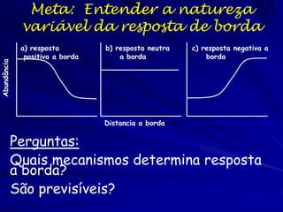 Meta: Entender a natureza variável da resposta de borda 
Perguntas: 
Quais mecanismos determina resposta a borda? 
São previsíveis? 
Abundância 
a) resposta 
positiva a borda 
c) resposta negativa a borda 
b) resposta neutra a borda 
Distancia a borda  