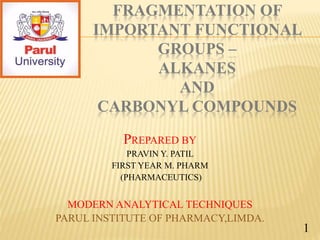 FRAGMENTATION OF
IMPORTANT FUNCTIONAL
GROUPS –
ALKANES
AND
CARBONYL COMPOUNDS
PREPARED BY
PRAVIN Y. PATIL
FIRST YEAR M. PHARM
(PHARMACEUTICS)
MODERN ANALYTICAL TECHNIQUES
PARUL INSTITUTE OF PHARMACY,LIMDA.
1
 