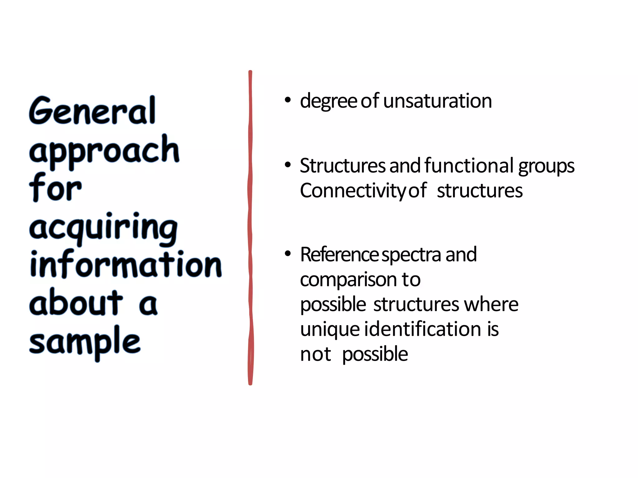 • degreeofunsaturation
• Structuresandfunctional groups
Connectivityof structures
• Referencespectraand
comparison to
possible structures where
uniqueidentification is
not possible
 