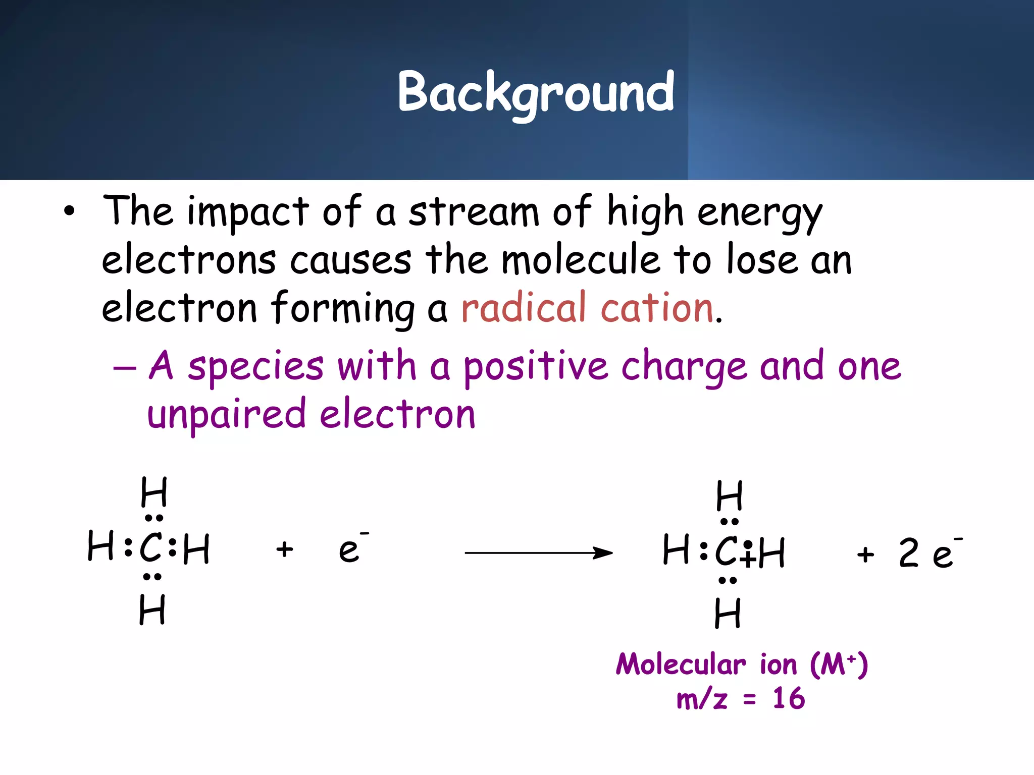 Background
• The impact of a stream of high energy
electrons causes the molecule to lose an
electron forming a radical cation.
– A species with a positive charge and one
unpaired electron
+ e
-
C H
H
H
H H
H
H
H
C + 2 e
-
Molecular ion (M+)
m/z = 16
 