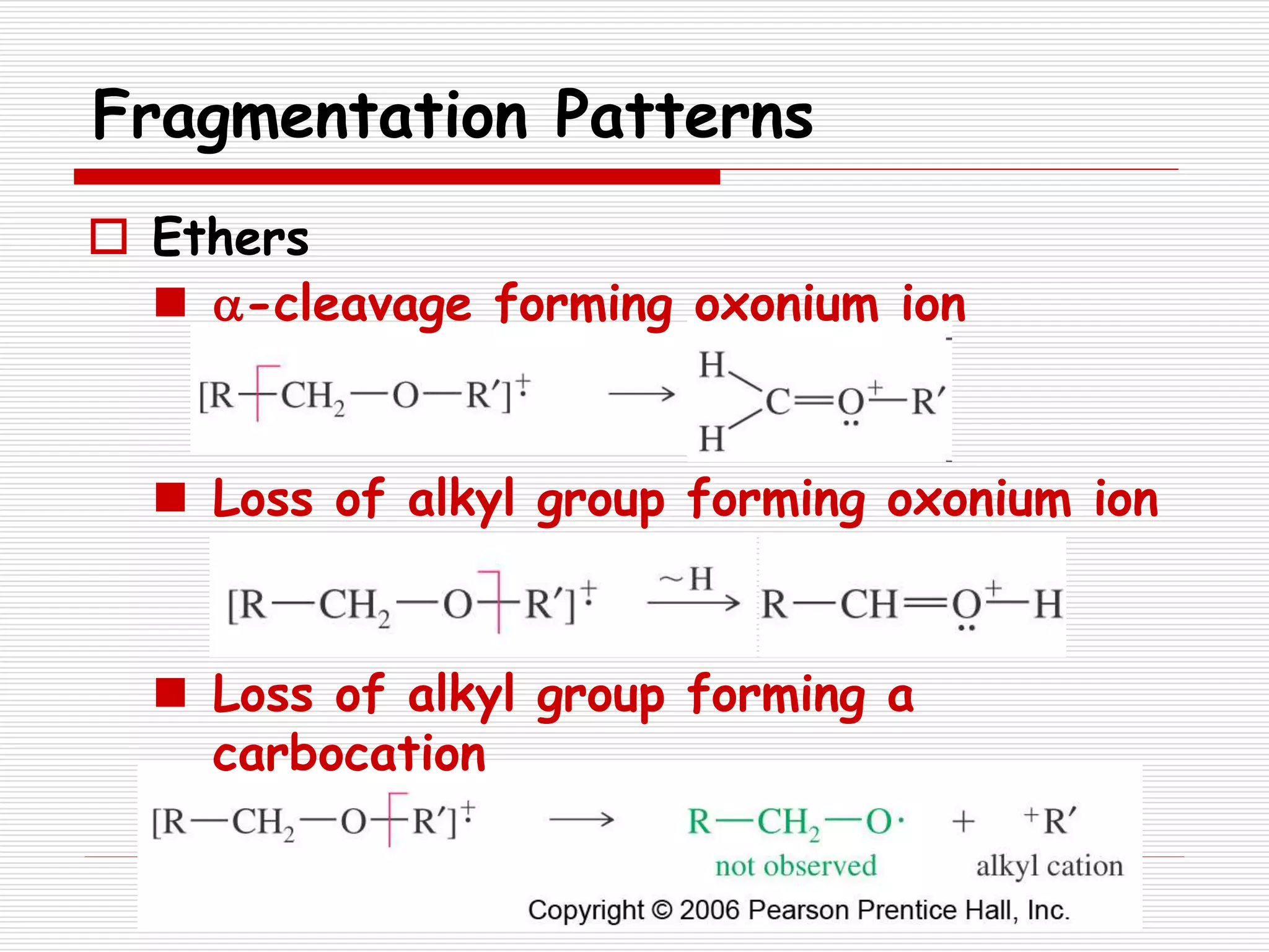 Fragmentation Patterns
 Ethers
 a-cleavage forming oxonium ion
 Loss of alkyl group forming oxonium ion
 Loss of alkyl group forming a
carbocation
 