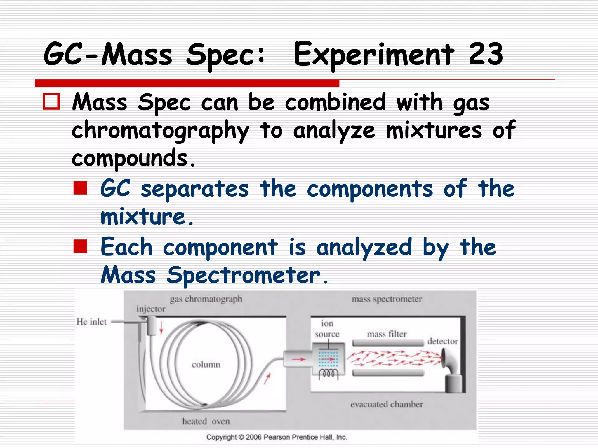 GC-Mass Spec: Experiment 23
 Mass Spec can be combined with gas
chromatography to analyze mixtures of
compounds.
 GC separates the components of the
mixture.
 Each component is analyzed by the
Mass Spectrometer.
 