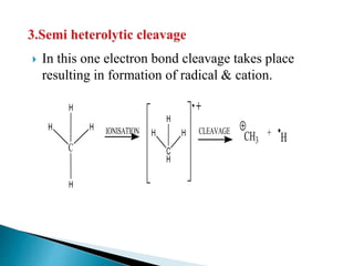  In this one electron bond cleavage takes place
resulting in formation of radical & cation.
C
H
H H
H
C
H
H H
H
CH3
+
H
IONISATION CLEAVAGE
 