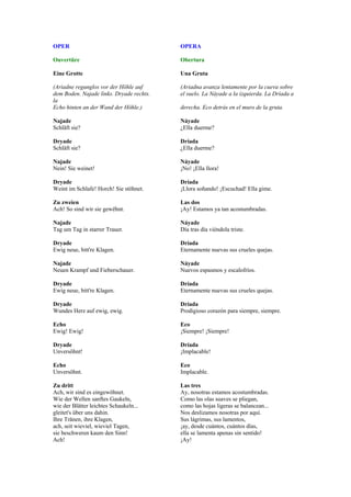 OPER                                      OPERA

Ouvertüre                                 Obertura

Eine Grotte                               Una Gruta

(Ariadne regunglos vor der Höhle auf      (Ariadna avanza lentamente por la cueva sobre
dem Boden. Najade links. Dryade rechts.   el suelo. La Náyade a la izquierda. La Dríada a
la
Echo hinten an der Wand der Höhle.)       derecha. Eco detrás en el muro de la gruta.

Najade                                    Náyade
Schläft sie?                              ¿Ella duerme?

Dryade                                    Dríada
Schläft sie?                              ¿Ella duerme?

Najade                                    Náyade
Nein! Sie weinet!                         ¡No! ¡Ella llora!

Dryade                                    Dríada
Weint im Schlafe! Horch! Sie stöhnet.     ¡Llora soñando! ¡Escuchad! Ella gime.

Zu zweien                                 Las dos
Ach! So sind wir sie gewëhnt.             ¡Ay! Estamos ya tan acostumbradas.

Najade                                    Náyade
Tag um Tag in starrer Trauer.             Día tras día viéndola triste.

Dryade                                    Dríada
Ewig neue, bitt're Klagen.                Eternamente nuevas sus crueles quejas.

Najade                                    Náyade
Neuen Krampf und Fieberschauer.           Nuevos espasmos y escalofríos.

Dryade                                    Dríada
Ewig neue, bitt're Klagen.                Eternamente nuevas sus crueles quejas.

Dryade                                    Dríada
Wundes Herz auf ewig, ewig.               Prodigioso corazón para siempre, siempre.

Echo                                      Eco
Ewig! Ewig!                               ¡Siempre! ¡Siempre!

Dryade                                    Dríada
Unversöhnt!                               ¡Implacable!

Echo                                      Eco
Unversöhnt.                               Implacable.

Zu dritt                                  Las tres
Ach, wir sind es eingewöhnet.             Ay, nosotras estamos acostumbradas.
Wie der Wellen sanftes Gaukeln,           Como las olas suaves se pliegan,
wie der Blätter leichtes Schaukeln...     como las hojas ligeras se balancean...
gleitet's über uns dahin.                 Nos deslizamos nosotras por aquí.
Ihre Tränen, ihre Klagen,                 Sus lágrimas, sus lamentos,
ach, seit wieviel, wieviel Tagen,         ¡ay, desde cuántos, cuántos días,
sie beschweren kaum den Sinn!             ella se lamenta apenas sin sentido!
Ach!                                      ¡Ay!
 