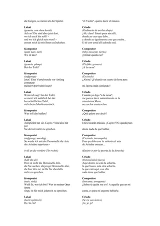 die Geigen, so meine ich die Spieler.        "el Violín", quiero decir el músico.

Lakai                                        Criado
(gemein, von oben herab)                     (Ordinario de arriba abajo)
Ach so! Die sind aber jetzt dort,            ¡Ah, claro! Estará pues aún allí,
wo ich auch hin sollt' -                     donde yo creo que debe...
und wo ich gleich sein werd' -               y donde yo igualmente creo que estaba...
anstatt mich da mit Ihnen aufzuhalten.       E iré con usted allí adonde está.

Komponist                                    Compositor
(ganz naiv, zart)                            (Muy inocente, tierno)
Wo ist das?                                  ¿Dónde queda eso?

Lakai                                        Criado
(gemein, plump)                              (Pérfido, grosero)
Bei der Tafel!                               ¡A la mesa!

Komponist                                    Compositor
(aufgeregt)                                  (Excitado)
Jetzt? Eine Viertelstunde vor Anfang         ¿Ahora? ¿Faltando un cuarto de hora para
comenzar
meiner Oper beim Essen?                      mi ópera están comiendo?

Lakai                                        Criado
Wenn ich sag': bei der Tafel,                Cuando yo digo "a la mesa",
so mein' ich natürlich bei der               me parece decir naturalmente en la
herrschaftlichen Tafel,                      mismísima Mesa,
nicht beim Musikantentisch.                  no con los musicuchos.

Komponist                                    Compositor
Was soll das heißen?                         ¿Qué quiere eso decir?

Lakai                                        Criado
Aufspielen tun sie. Capito? Sind also für    Ellos tocarán música. ¿Capito? No queda pues
por
Sie derzeit nicht zu sprechen.               ahora nada de qué hablar.

Komponist                                    Compositor
(aufgeregt, unruhig)                         (Excitado, intranquilo)
So werde ich mit der Demoiselle die Arie     Pues yo debo con la señorita el aria
der Ariadne repetieren -                     de Ariadna ensayar...

(will an die vordere Tür rechts)             (Quiere ir por la puerta de la derecha)

Lakai                                        Criado
(hält ihn ab)                                (Deteniéndolo fuera)
Hier ist nicht die Demoiselle drin,          Aquí dentro no está la señorita,
die Sie suchen, diejenige Demoiselle aber,   la que busca, esta otra señorita,
die hier drin ist, ist für Sie ebenfalls     la que está aquí, con ella
nicht zu sprechen.                           nada tiene que hablar.

Komponist                                    Compositor
(naiv, stolz)                                (Inocente, arrogante)
Weiß Er, wer ich bin? Wer in meiner Oper     ¿Sabes tú quién soy yo? A aquella que en mi
ópera
singt, ist für mich jederzeit zu sprechen.   canta, es para mí urgente hablarle.

Lakai                                        Criado
(lacht spöttisch)                            (Se ríe sarcástico)
He, he, he!                                  ¡Je, je, je!
 