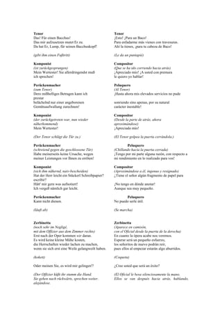 Tenor                                              Tenor
Das! Für einen Bacchus!                            ¡Esto! ¡Para un Baco!
Das mir aufzusetzen mutet Er zu.                   Para enfadarme más vienes con travesuras.
Da hat Er, Lump, für seinen Bacchuskopf!           Ahí la tienes, ¡para tu cabeza de Baco!

(gibt ihm einen Fußtritt)                          (Le da un puntapié)

Komponist                                          Compositor
(ist zurückgesprungen)                             (Que se ha ido corriendo hacia atrás)
Mein Wertester! Sie allerdringendst muß            ¡Apreciado mío! ¡A usted con premura
ich sprechen!                                      le quiero yo hablar!

Perückenmacher                                     Peluquero
(zum Tenor)                                        (Al Tenor)
Dero mißhelliges Betragen kann ich                 ¡Hasta ahora mis elevados servicios no pude
prestar
belächelnd nur einer angeborenen                   sonriendo sino apenas, por su natural
Gemütsaufwallung zurechnen!                        carácter inestable!

Komponist                                          Compositor
(der zurückgetreten war, nun wieder                (Desde la parte de atrás, ahora
näherkommend)                                      aproximándose)
Mein Wertester!                                    ¡Apreciado mío!

(Der Tenor schlägt die Tür zu.)                    (El Tenor golpea la puerta cerrándola.)

Perückenmacher                                              Peluquero
(schreiend gegen die geschlossene Tür)             (Chillando hacia la puerta cerrada)
Habe meinerseits keine Ursache, wegen              ¡Tengo por mi parte alguna razón, con respecto a
meiner Leistungen vor Ihnen zu erröten!            mi rendimiento en lo realizado para vos!

Komponist                                          Compositor
(sich ihm nähernd, naiv-bescheiden)                (Aproximándose a él, ingenuo y resignado)
Hat der Herr leicht ein Stückerl Schreibpapier?    ¿Tiene el señor algún fragmento de papel para
escribir?
Hätt' mir gern was aufnotiert!                     ¡No tengo en dónde anotar!
Ich vergeß nämlich gar leicht.                     Aunque sea muy pequeño.

Perückenmacher                                            Peluquero
Kann nicht dienen.                                 No puedo serle útil.

(läuft ab)                                         (Se marcha)


Zerbinetta                                         Zerbinetta
(noch sehr im Negligé,                             (Aparece en camisón,
mit dem Offizier aus dem Zimmer rechts)            con el Oficial desde la puerta de la derecha)
Erst nach der Oper kommen wir daran.               En cuanto la ópera acabe nos veremos.
Es wird keine kleine Mühe kosten,                  Esperar será un pequeño esfuerzo,
die Herrschaften wieder lachen zu machen,          los señoritos de nuevo podrán reir,
wenn sie sich erst eine Weile gelangweilt haben.   pues ellos al empezar estarán algo aburridos.

(kokett)                                           (Coqueta)

Oder meinen Sie, es wird mir gelingen'?            ¿Cree usted que será un éxito?

(Der Offizier küßt ihr stumm die Hand.             (El Oficial le besa silenciosamente la mano.
Sie gehen nach rückwärts, sprechen weiter.         Ellos se van después hacia atrás, hablando,
alejándose.
 