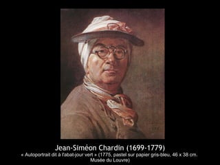 Jean-Siméon Chardin (1699-1779)
« Autoportrait dit à l'abat-jour vert » (1775, pastel sur papier gris-bleu, 46 x 38 cm.
Musée du Louvre)
 