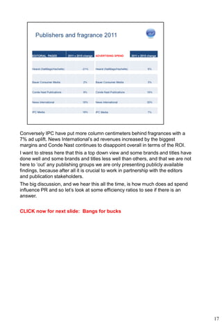 Conversely IPC have put more column centimeters behind fragrances with a
7% ad uplift. News International’s ad revenues increased by the biggest
margins and Conde Nast continues to disappoint overall in terms of the ROI.
I want to stress here that this a top down view and some brands and titles have
done well and some brands and titles less well than others, and that we are not
here to ‘out’ any publishing groups we are only presenting publicly available
findings, because after all it is crucial to work in partnership with the editors
and publication stakeholders.
The big discussion, and we hear this all the time, is how much does ad spend
influence PR and so let’s look at some efficiency ratios to see if there is an
answer.


CLICK now for next slide: Bangs for bucks




                                                                                    17
 