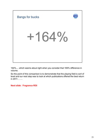 164%.... which seems about right when you consider that 169% difference in
volume.
So the point of this comparison is to demonstrate that the playing field is sort of
level and our next step was to look at which publications offered the best return
in 2011…….


Next slide: Fragrance ROI




                                                                                      21
 