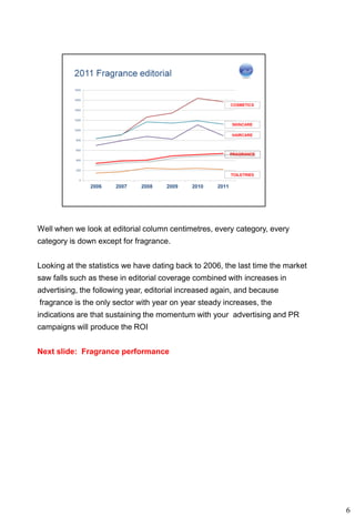 Well when we look at editorial column centimetres, every category, every
category is down except for fragrance.


Looking at the statistics we have dating back to 2006, the last time the market
saw falls such as these in editorial coverage combined with increases in
advertising, the following year, editorial increased again, and because
fragrance is the only sector with year on year steady increases, the
indications are that sustaining the momentum with your advertising and PR
campaigns will produce the ROI


Next slide: Fragrance performance




                                                                                  6
 