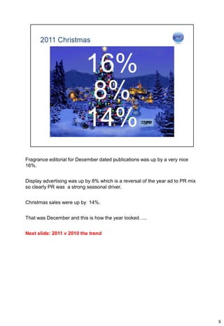 Fragrance editorial for December dated publications was up by a very nice
16%.


Display advertising was up by 8% which is a reversal of the year ad to PR mix
so clearly PR was a strong seasonal driver.


Christmas sales were up by 14%.


That was December and this is how the year looked…..


Next slide: 2011 v 2010 the trend




                                                                                8
 