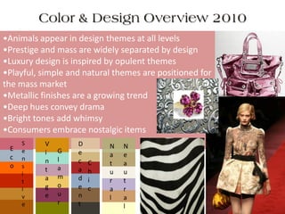 Color & Design Overview 2010
•Animals appear in design themes at all levels
•Prestige and mass are widely separated by design
•Luxury design is inspired by opulent themes
•Playful, simple and natural themes are positioned for
the mass market
•Metallic finishes are a growing trend
•Deep hues convey drama
•Bright tones add whimsy
•Consumers embrace nostalgic items
E
c
o
S
e
n
s
i
t
i
v
e
V
i
n
t
a
g
e
G
l
a
m
o
u
r
D
e
c
a
d
e
n
t
C
h
i
c
N
a
t
u
r
a
l
N
e
a
u
t
r
a
l
 