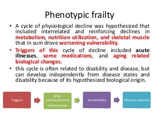 Phenotypic frailty
• A cycle of physiological decline was hypothesized that
included interrelated and reinforcing declines in
metabolism, nutrition utilization, and skeletal muscle
that in sum drove worsening vulnerability.
• Triggers of this cycle of decline included acute
illnesses, some medications, and aging related
biological changes.
• this cycle is often related to disability and disease, but
can develop independently from disease states and
disability because of its hypothesized biological origin.
Triggers
MSK,
neuroendocrinal
inflammation
Vulnerability Adverse outcome
 