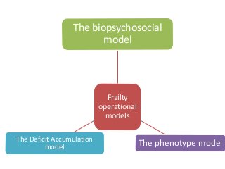 Frailty
operational
models
The biopsychosocial
model
The phenotype modelThe Deficit Accumulation
model
 