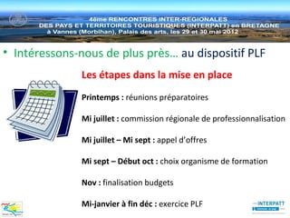 • Intéressons-nous de plus près… au dispositif PLF
              Les étapes dans la mise en place
              Printemps : réunions préparatoires

              Mi juillet : commission régionale de professionnalisation

              Mi juillet – Mi sept : appel d’offres

              Mi sept – Début oct : choix organisme de formation

              Nov : finalisation budgets

              Mi-janvier à fin déc : exercice PLF
 
