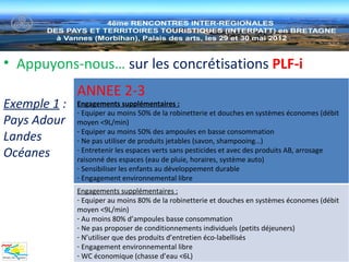 • Appuyons-nous… sur les concrétisations PLF-i
              ANNEE 2-3
Exemple 1 :   Engagements supplémentaires :
              - Equiper au moins 50% de la robinetterie et douches en systèmes économes (débit
Pays Adour    moyen <9L/min)
              - Equiper au moins 50% des ampoules en basse consommation
Landes        - Ne pas utiliser de produits jetables (savon, shampooing…)
Océanes       - Entretenir les espaces verts sans pesticides et avec des produits AB, arrosage
              raisonné des espaces (eau de pluie, horaires, système auto)
              - Sensibiliser les enfants au développement durable
              - Engagement environnemental libre
              Engagements supplémentaires :
              - Equiper au moins 80% de la robinetterie et douches en systèmes économes (débit
              moyen <9L/min)
              - Au moins 80% d’ampoules basse consommation
              - Ne pas proposer de conditionnements individuels (petits déjeuners)
              - N’utiliser que des produits d’entretien éco-labellisés
              - Engagement environnemental libre
              - WC économique (chasse d’eau <6L)
 