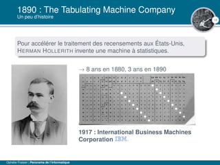 14
1890 : The Tabulating Machine Company
Un peu d’histoire
Pour accélérer le traitement des recensements aux États-Unis,
HERMAN HOLLERITH invente une machine à statistiques.
→ 8 ans en 1880, 3 ans en 1890
1917 : International Business Machines
Corporation
Ophélie Fraisier | Panorama de l’informatique
 