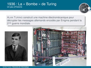 15
1936 : La « Bombe » de Turing
Un peu d’histoire
ALAN TURING construit une machine électromécanique pour
décrypter les messages allemands encodés par Enigma pendant la
2nde guerre mondiale.
Ophélie Fraisier | Panorama de l’informatique
 