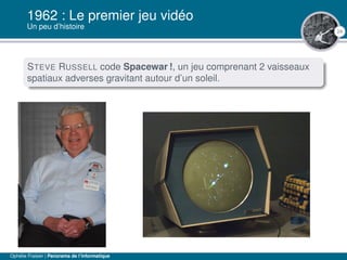 24
1962 : Le premier jeu vidéo
Un peu d’histoire
STEVE RUSSELL code Spacewar !, un jeu comprenant 2 vaisseaux
spatiaux adverses gravitant autour d’un soleil.
Ophélie Fraisier | Panorama de l’informatique
 