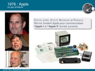 31
1976 : Apple
Un peu d’histoire
STEVE JOBS, STEVE WOZNIAK et RONALD
WAYNE fondent Apple pour commercialiser
l’Apple I et l’Apple II l’année suivante.
Ophélie Fraisier | Panorama de l’informatique
 