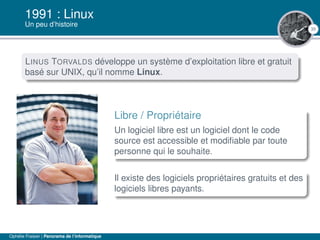 35
1991 : Linux
Un peu d’histoire
LINUS TORVALDS développe un système d’exploitation libre et gratuit
basé sur UNIX, qu’il nomme Linux.
Libre / Propriétaire
Un logiciel libre est un logiciel dont le code
source est accessible et modiﬁable par toute
personne qui le souhaite.
Il existe des logiciels propriétaires gratuits et des
logiciels libres payants.
Ophélie Fraisier | Panorama de l’informatique
 