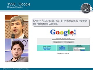 37
1998 : Google
Un peu d’histoire
LARRY PAGE et SERGEI BRIN lancent le moteur
de recherche Google.
Ophélie Fraisier | Panorama de l’informatique
 