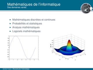 51
Mathématiques de l’informatique
Des domaines variés
Mathématiques discrètes et continues
Probabilités et statistiques
Analyse mathématiques
Logiciels mathématiques
Ophélie Fraisier | Panorama de l’informatique
 