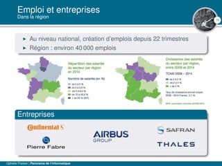 79
Emploi et entreprises
Dans la région
Au niveau national, création d’emplois depuis 22 trimestres
Région : environ 40 000 emplois
Entreprises
Ophélie Fraisier | Panorama de l’informatique
 
