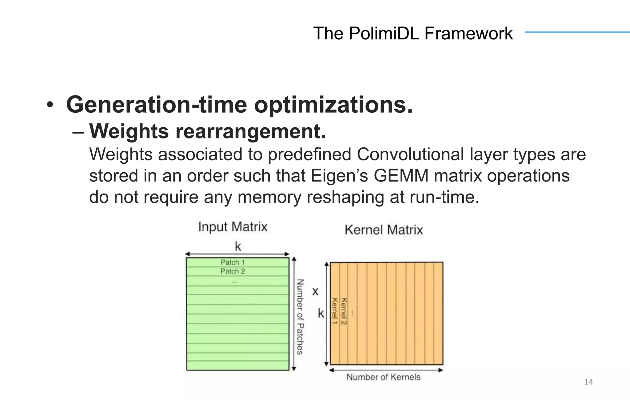 14
The PolimiDL Framework
• Generation-time optimizations.
– Weights rearrangement.
Weights associated to predefined Convolutional layer types are
stored in an order such that Eigen’s GEMM matrix operations
do not require any memory reshaping at run-time.
 