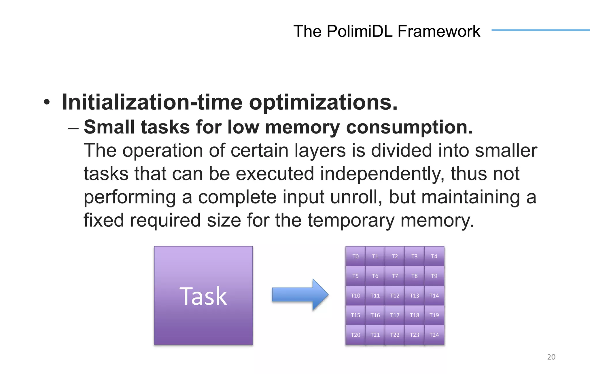 20
The PolimiDL Framework
• Initialization-time optimizations.
– Small tasks for low memory consumption.
The operation of certain layers is divided into smaller
tasks that can be executed independently, thus not
performing a complete input unroll, but maintaining a
fixed required size for the temporary memory.
Task
T0 T1 T2 T3 T4
T5 T6 T7 T8 T9
T10 T11 T12 T13 T14
T15 T16 T17 T18 T19
T20 T21 T22 T23 T24
 