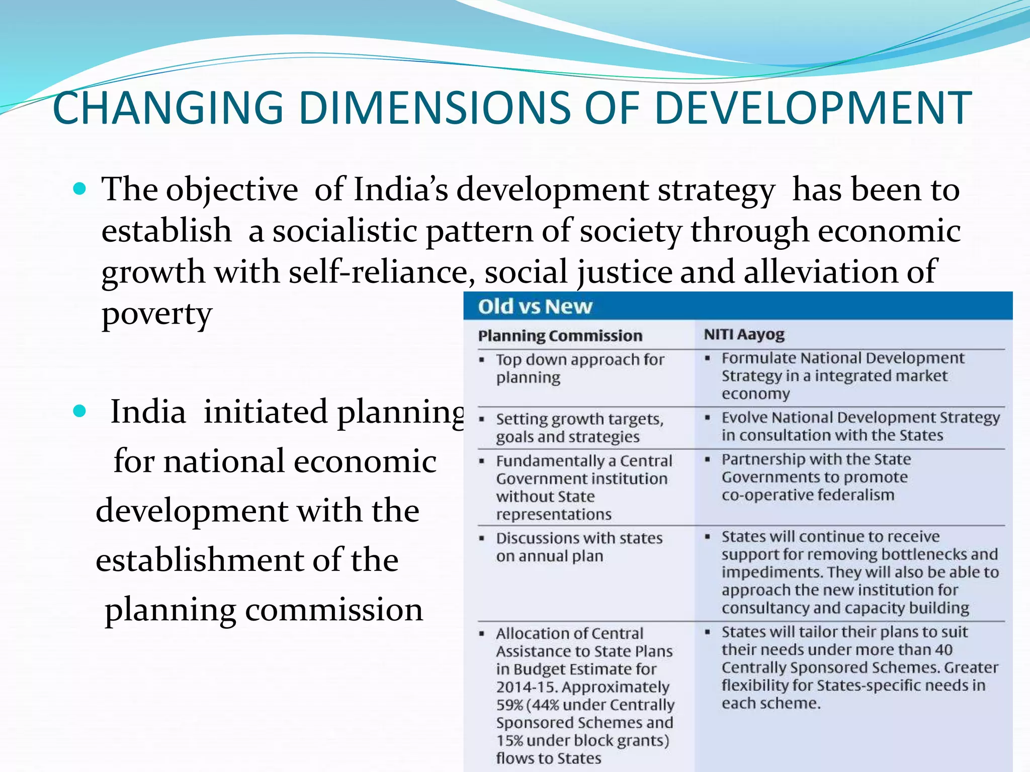 CHANGING DIMENSIONS OF DEVELOPMENT
 The objective of India’s development strategy has been to
establish a socialistic pattern of society through economic
growth with self-reliance, social justice and alleviation of
poverty
 India initiated planning
for national economic
development with the
establishment of the
planning commission
 