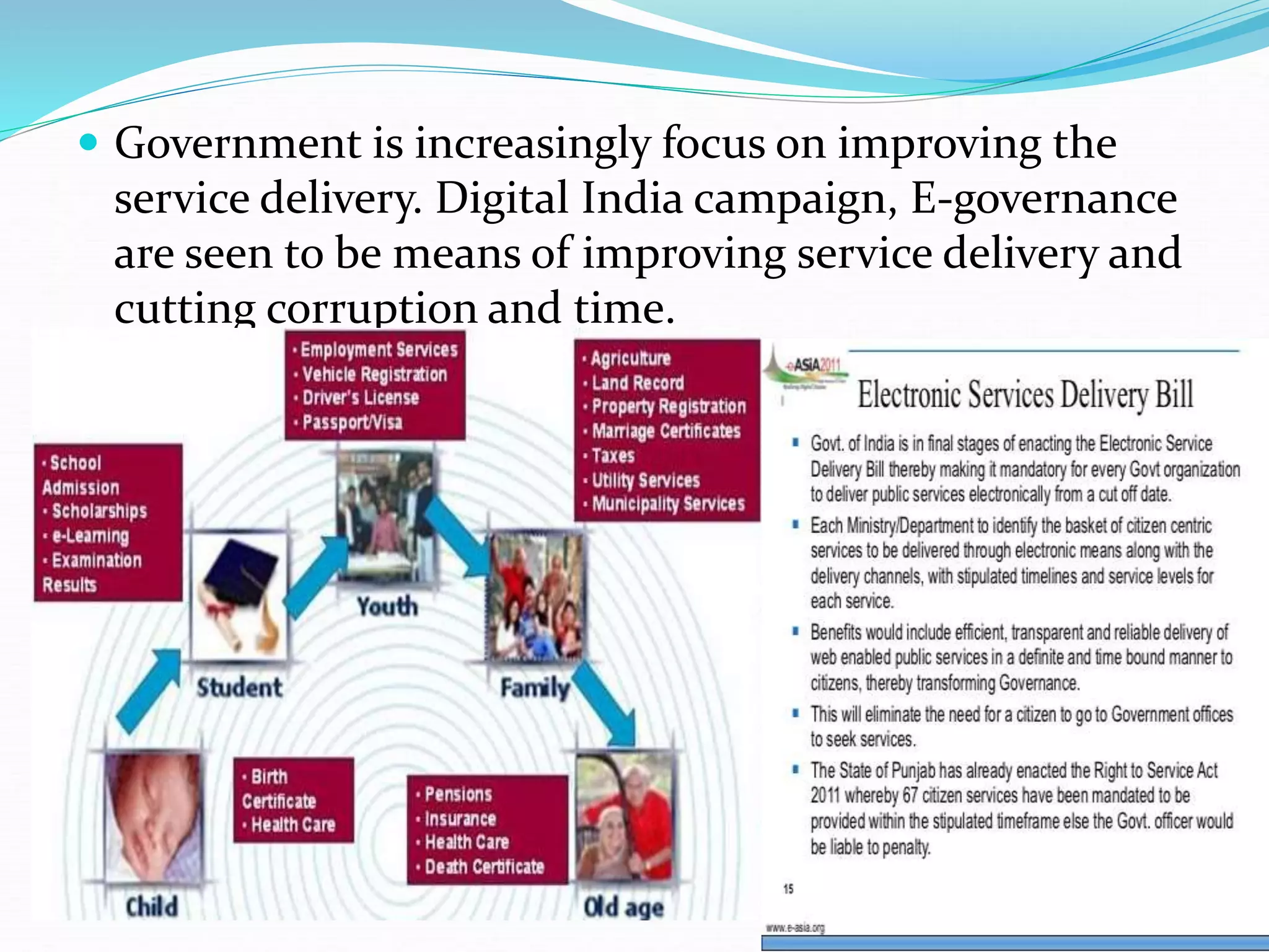  Government is increasingly focus on improving the
service delivery. Digital India campaign, E-governance
are seen to be means of improving service delivery and
cutting corruption and time.
 