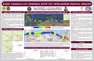 Yazarlar
Aktif Fay Alanlarının Seçimi ve Fraktal Boyutun Değişim AnaliziNeden Fraktal Analiz Önemli? Sonuçlar ve Değerlendirme
1 Yüksek Lisans, Mühendislik Bilimleri Ana Bilim Dalı, İstanbul
Üniversitesi, ebruaydindag@gmail.com
2 Öğretim Üyesi, Jeofizik Mühendisliği Ana Bilim Dalı, İstanbul
Üniversitesi, 3Mimar Mühendisler Grubu YK Üyesi,
aliosman.oncel@gmail.com
Önerilen Kaynaklar
Hirata, T., 1989, Fractal Dimension of Fault System in Japan: Fractal
Structure in Rock Fracture Geometry at Various Scales, Pure and Applied
Geophysics, 131, 157-170.
Öncel, A. O., 1996, Fraktal Analiz ile Türkiye’deki Doğrultu Atımlı
Fayların Yapısal ve Sismolojik Özelliklerinin Belirlenmesi, Doktora Tezi,
İstanbul Üniversitesi Fen Bilimleri Enstitüsü.
Turcotte, D. L., 1989b, Fractals and Chaos in Geology and Geophysics,
2nd edition, Cambridge University Press, New York, 0-521-56733-5.
Wilson, T. H., 2001, Scale Transitions in Fracture and Active Fault
Networks, Mathematical Geology, Vol. 33, No. 5.
Kuzey Anadolu Fay Zonu boyunca aktif fay verilerinin fraktal analizi
ile ilgili olarak;
Aktif Diri Fay Datası; son 11.000 yıllık dönemde kırılarak harekete
geçmiş diri fay verisi (Holosen Fayı) ve son 100 yılda meydana gelen
büyük depremlerle oluşan yüzey kırığı verilerinden oluşmuş ve bu
çalışmada kullanılmıştır.
Kutu Sayma Yöntemi, yaklaşık 1500 km uzunluğunda Kuzey
Anadolu Fay Zonu boyunca 44 adet kenar uzunlukları 30km x 30km
sabit büyüklüklü bağımsız ve birbirini takip eden kutu alanlar (900
km2 ) içine düşen aktif fay verilerinin analizinde kullanılmıştır.
Logr (büyüklük)~ LogN (frekans) dağılımından bulunan istatistik
ilişkilerin eğimlerinden bütün kutular için hesaplanan Fraktal
Kapasite Boyut değerlerinin fay zonu boyunca değişimlerinin
yaklaşık olarak 0.9 ile 1.55 değerleri arasında olduğu belirlenmiştir.
Büyüklük (Size) ve Frekans (Frequency) istatistiğine göre; bütün
inceleme alanları için korelasyon katsayısı yüksek (𝑅2
> 0.9) elde
edilmiştir.
Fay düzensizlik değişimleri Fraktal Boyut Haritasında mavi
renklendirilmiş alanlar minimum ve kırmızı renklendirilmiş alanlarda
maksimum fraktal kapasite boyut büyüklüğüne sahip mikro-fay
alanlarını göstermektedir.
Fraktal Fay Düzensizlik Değişim Haritası incelendiğinde fayların
çizgisel ve basit geometriye sahip olduğu bölgelerde göreli olarak
düşük 𝐷0 (0.9 – 1.1) değerleri hesaplanırken, fayların parçalı ve
düzensiz geometriye sahip olduğu bölgelerde ise yüksek 𝐷0 (1.3 –
1.5) değerler bulunmuştur.
Fraktal Kapasite Boyutu (11,000Yıllık Veri) ile Log N (T=100 Yıllık
Veri) Deprem Tehlike Boyutu arasında korelasyonu düşük, pozitif bir
ilişki bulunmuştur.
Aktif fay sistemlerinin düzensizliğinin belirlenmesi ve fay
geometrilerindeki değişimlerin deprem tehlikesiyle ilişkilendirilmesi
amacıyla Fraktal Analiz Yöntemi deprem ve fay verilerine
uygulanmaktadır. Bu yöntemle; Türkiye, Japonya ve Amerika’daki fay
sistemlerinin düzensiz geometrileri içerisindeki düzenli değişimlerinin
fraktal boyutla belirlenmesi hususunda önemli referans çalışmalar
yapılmıştır.
Kuzey Anadolu Fay Zonu (KAFZ) boyunca aktif fay geometrisinde
düzensizliğin değişimi fraktal analiz yöntemiyle incelenmiş ve Kapasite
Boyut (Capacity Dimension) büyüklüğüyle tespiti yapılmıştır. Çalışma
kapsamında fay düzensizliklerinin analiz edilmesinde en popüler
yöntemlerden biri olarak bilinen Kutu Sayma Yöntemi (Box Counting
Method) kullanılmıştır.
Bu çalışmada, Maden Tetkik ve Arama Genel Müdürlüğü tarafından
2012 yılında güncellenerek dijital ortama aktarılmış, 1:250.000 ölçekli
Türkiye Diri Fay verileri analiz edilmiştir.
KUZEY ANADOLU FAY ZONUNDA AKTİF FAY VERİLERİNİN FRAKTAL ANALİZİ
Ebru AYDINDAĞ1 ve Ali Osman ÖNCEL2,3
ATAG 19 Çalıştayı, Sakarya, Ekim 2015
Fayların Fraktal Boyutu ve Deprem Tehlike Boyutunun İlişkilendirilmesi
Y= 1,374x - 1,2174
R² = 0,2341
0
0.2
0.4
0.6
0.8
1
1.2
1.4
0.9 1 1.1 1.2 1.3 1.4 1.5 1.6
log N(T=100yıl)
Linear (log N(T=100yıl))
y = 1,1381x - 0,9921
R² = 0,1835
0
0.2
0.4
0.6
0.8
1
1.2
1.4
0.9 1 1.1 1.2 1.3 1.4 1.5 1.6
log N (T=50yıl)
Linear (log N (T=50yıl))
İncelenen kutu alanlarda farklı gözlem
aralıklarında ( T=100 yıl ve T=50 yıl )
meydana gelen deprem sayısı (LogN)
yetersizdir. Buna rağmen 𝐷0 fraktal kapasite
boyutu ile deprem tehlike boyutu arasındaki
korelasyonun inceleme süresinin yıl olarak
artmasına bağlı olarak yükseldiği
gözlenmiştir.
Yöntem ve Uygulamalı Örnek
KAFZ (Kuzey Anadolu Fay Zonu) boyunca aktif fay verilerine Fraktal
Analiz uygulanarak kırık geometrisindeki değişim matematik boyutla
incelenecektir. Uygulanan kutu sayma yöntemiyle her bir kutu alan için
Fraktal Kapasite Boyut (𝐷0) değeri hesaplanacak ve matematiksel bir
büyüklük kazandırılacaktır. Kutu Sayma Yönteminde incelenecek alanı
örten kutulardan içi dolu olanların sayısı (N) ve kutunun kenar
uzunluğu (r) arasındaki ilişkiden faydalanılır.
Kuzey Anadolu Fay Zonu boyunca 30kmx30km sabit uzunluklu seçilen kutu alanlar içerisine düşen aktif fay verileri analizinden Fraktal Boyut (Do)
değerleri hesaplanmış ve farklı renklerle fay düzensizliği Do büyüklükleriyle gösterilmiştir (ÜST ŞEKİL). MTA Yerbilimleri Türkiye Diri Fay
Haritasındaki sabit alanlar içinde kalan aktif fay verilerindeki hesaplanan Do değişimlerine Kaydırmalı Alan Ortalaması Grid Tekniği (Moving Average
Gridding Method) uygulanarak kutu kenar alanları içindeki Do tahminleri yapılarak bilinir hassasiyet arttırılmıştır (ALT ŞEKİL).
1.0 1.1 1.2 1.3 1.4
FRAKTAL KAPASİTE BOYUT𝑫 𝟎
Fraktal Kapasite Boyutu Fraktal Kapasite Boyutu
LogN/T=100yıl)
LogN/T=50yıl)
N= 1, r=1 N= 3, r=1/2
N= 7,r=1/4
y = -1,3095x + 2,0159
R² = 0,9978
0
0.5
1
1.5
2
2.5
-0.2 0 0.2 0.4 0.6 0.8 1 1.2 1.4
𝑫 𝟎 = 𝟏. 𝟑𝟎
LogN(r)
Log r (km)
Yedisu Segmenti
 