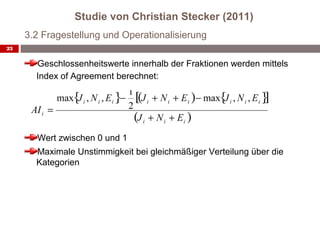 Studie von Christian Stecker (2011)
     3.2 Fragestellung und Operationalisierung
23


       Geschlossenheitswerte innerhalb der Fraktionen werden mittels
       Index of Agreement berechnet:




       Wert zwischen 0 und 1
       Maximale Unstimmigkeit bei gleichmäßiger Verteilung über die
       Kategorien
 