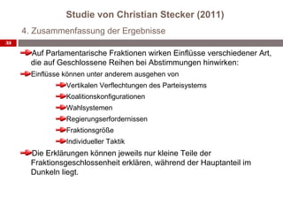 Studie von Christian Stecker (2011)
     4. Zusammenfassung der Ergebnisse
33

       Auf Parlamentarische Fraktionen wirken Einflüsse verschiedener Art,
       die auf Geschlossene Reihen bei Abstimmungen hinwirken:
       Einflüsse können unter anderem ausgehen von
                 Vertikalen Verflechtungen des Parteisystems
                 Koalitionskonfigurationen
                 Wahlsystemen
                 Regierungserfordernissen
                 Fraktionsgröße
                 Individueller Taktik
       Die Erklärungen können jeweils nur kleine Teile der
       Fraktionsgeschlossenheit erklären, während der Hauptanteil im
       Dunkeln liegt.
 