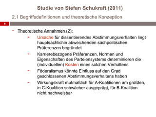 Studie von Stefan Schukraft (2011)
    2.1 Begriffsdefinitionen und theoretische Konzeption
8


      Theoretische Annahmen (2):
                Ursache für dissentierendes Abstimmungsverhalten liegt
                hauptsächlichin abweichenden sachpolitischen
                Präferenzen begründet
                Karrierebezogene Präferenzen, Normen und
                Eigenschaften des Parteiensystems determinieren die
                (individuellen) Kosten eines solchen Verhaltens
                Föderalismus könnte Einfluss auf den Grad
                geschlossenen Abstimmungsverhaltens haben
                Wirkungskraft mutmaßlich für A-Koalitionen am größten,
                in C-Koalition schwächer ausgeprägt, für B-Koalition
                nicht nachweisbar
 